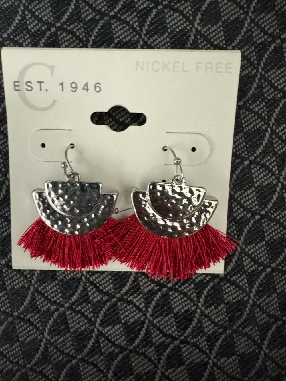 C Red Tassel Hammered Silver Drop Earrings
